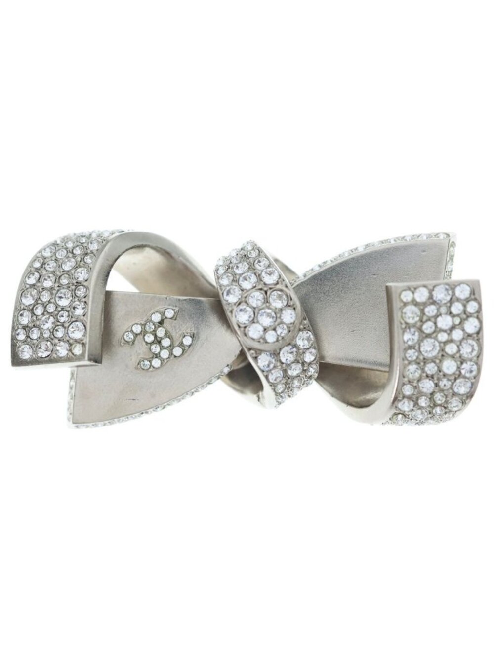 Chanel CC Logo Coco Ribbon Brooch Rhinestone Silver